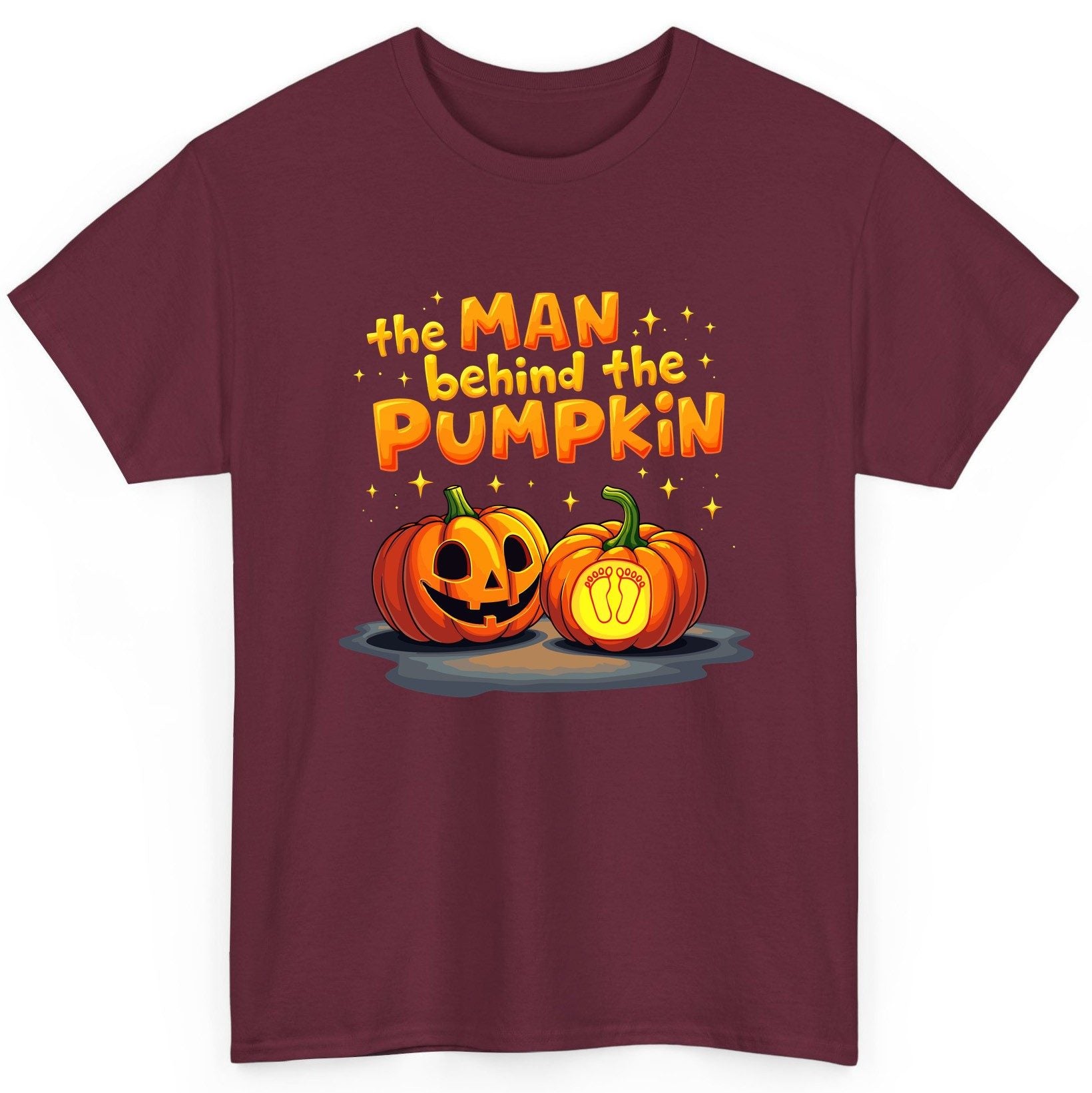 The Man Behind the Pumpkin Halloween pregnancy announcement T-Shirt Maroon product mockup
