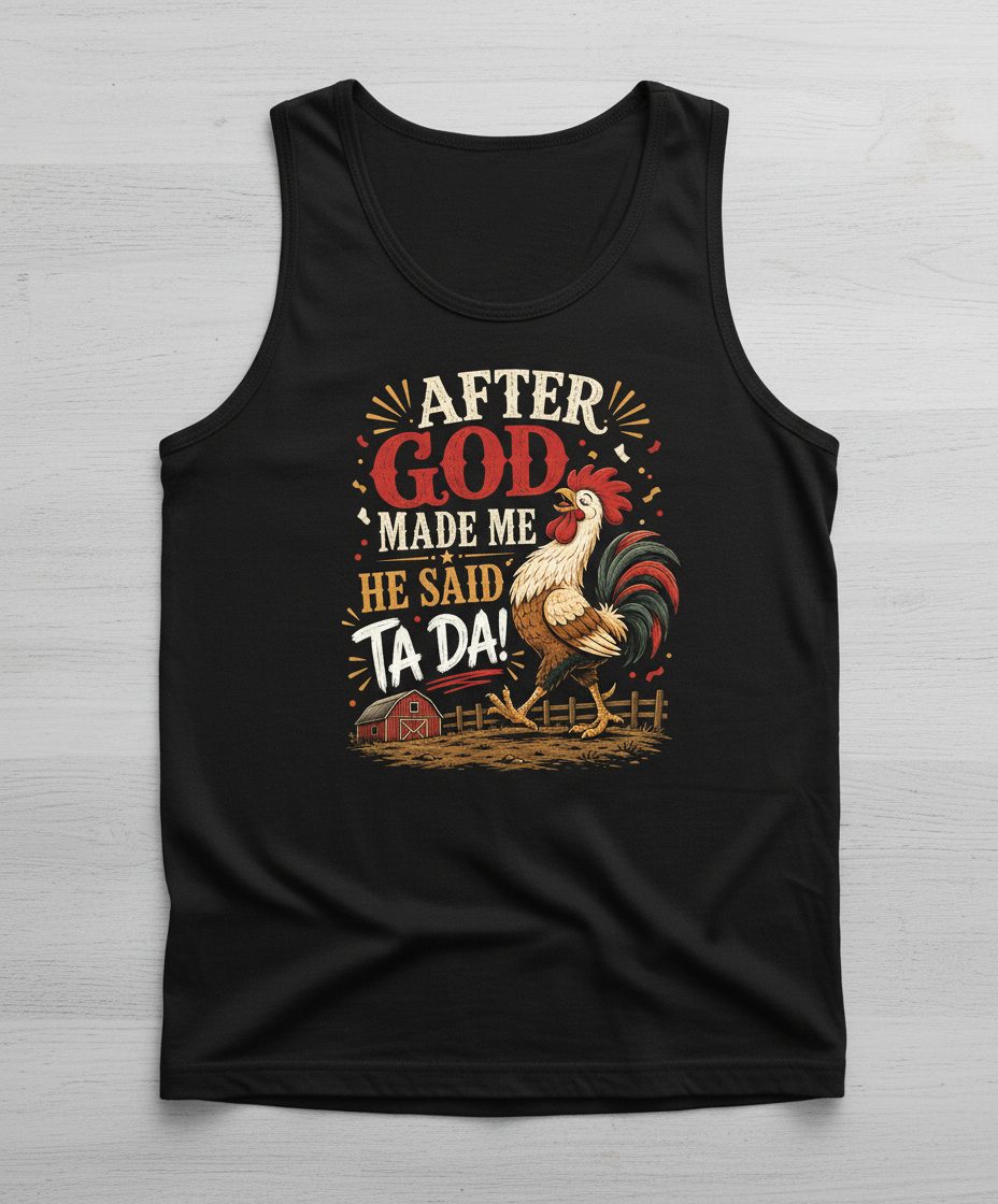 AFTER GOD MADE ME HE SAID TA DA Funny Rooster Tank Top - product mockup - Black