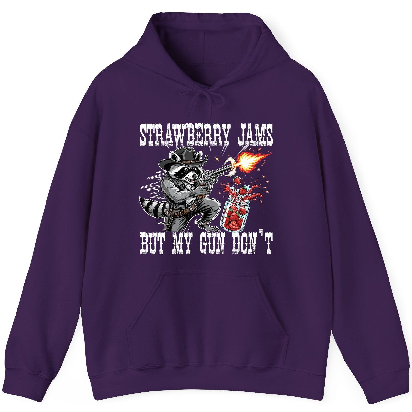 Strawberry Jams but My Gun Don't raccoon Hoodie Purple product mockup