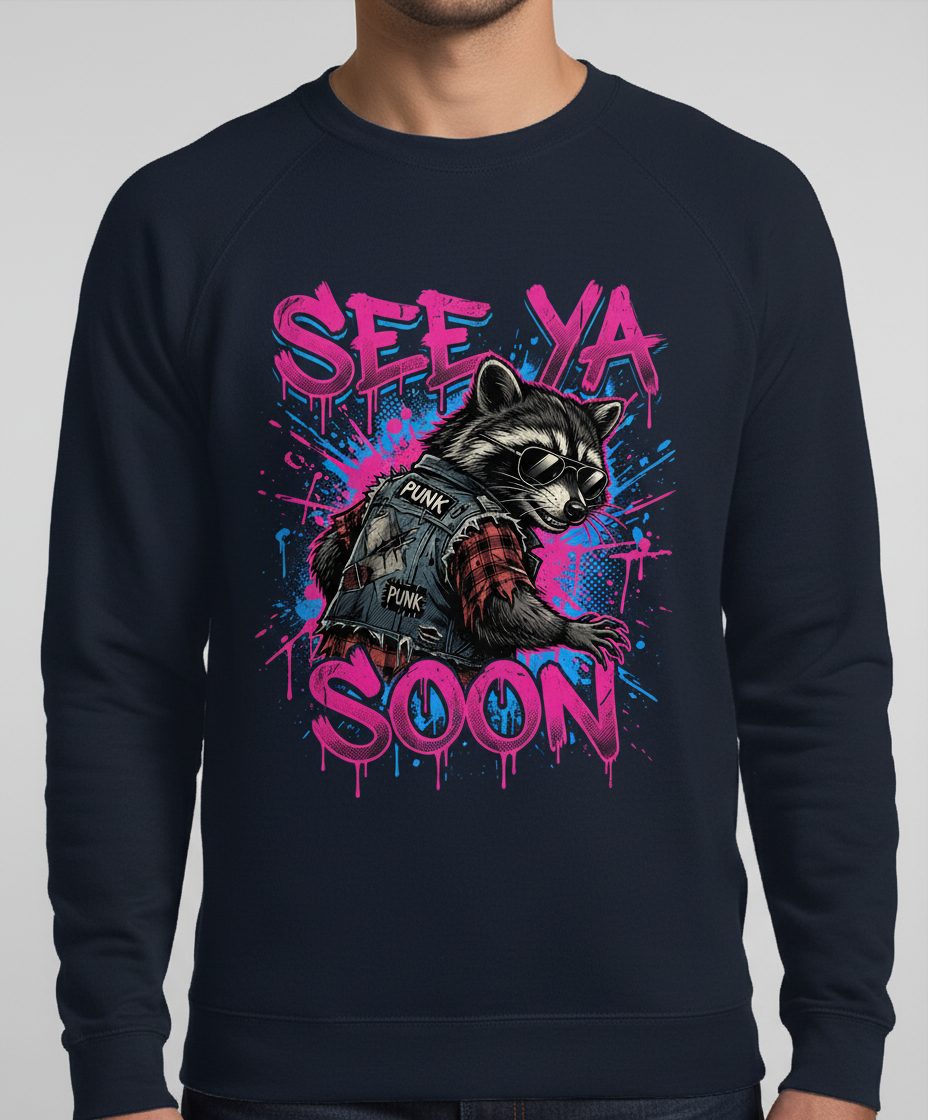 See Ya Soon Raccoon Sweatshirt - product mockup - Navy