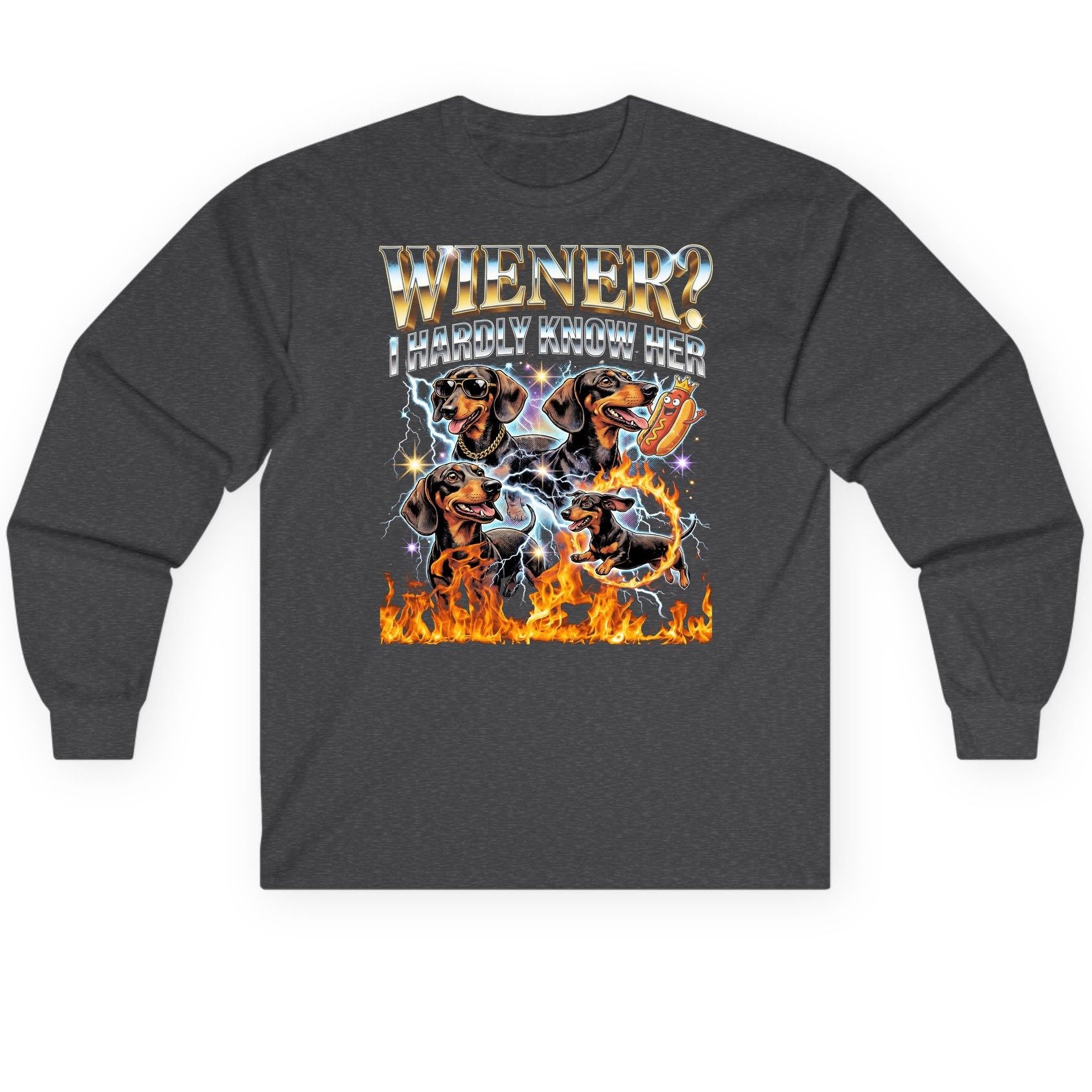 Wiener I Hardly Know Her dachshund Long Sleeve Tee Dark Heather product mockup
