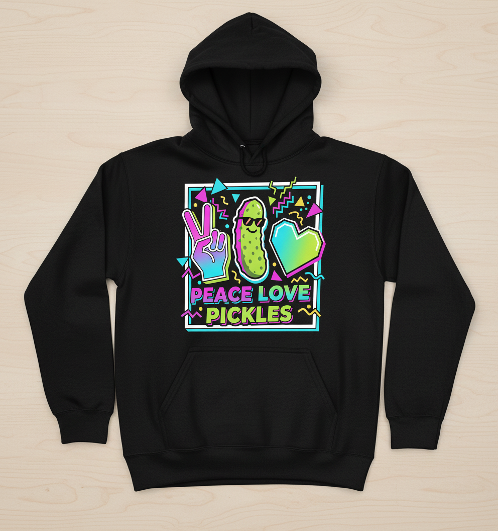 Peace Love Pickles Retro 80s 90s Style Design Hoodie - Black