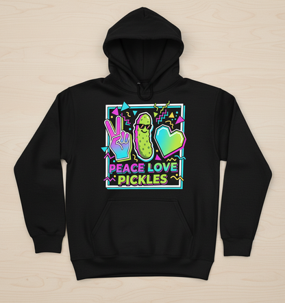 Peace Love Pickles Retro 80s 90s Style Design Hoodie - Black