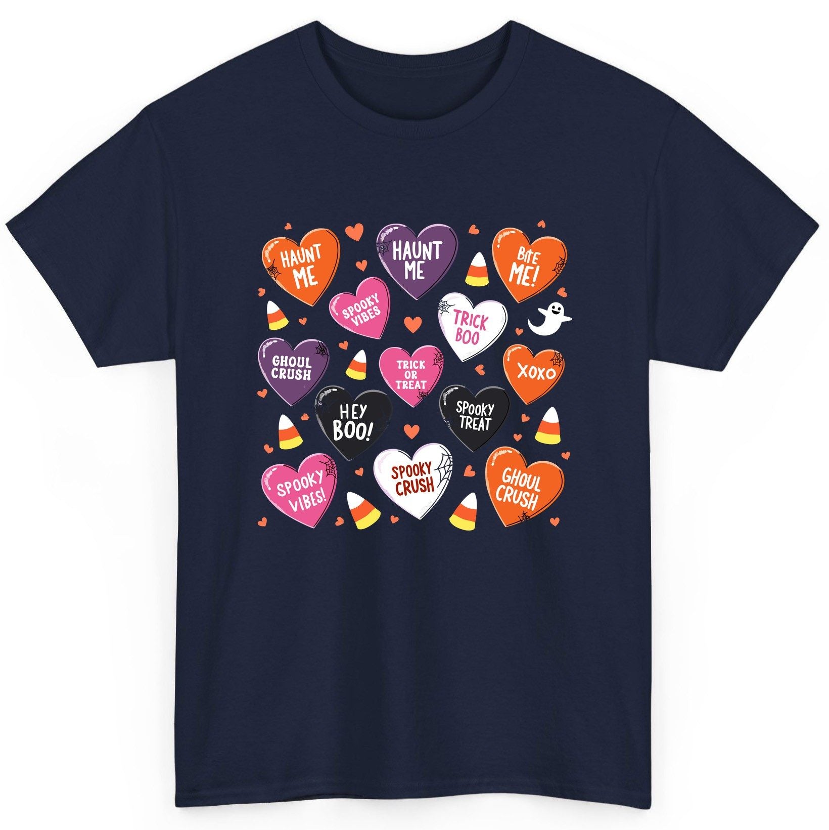 Spooky Halloween Conversation Hearts Halloween conversation hearts T-Shirt Navy product mockup