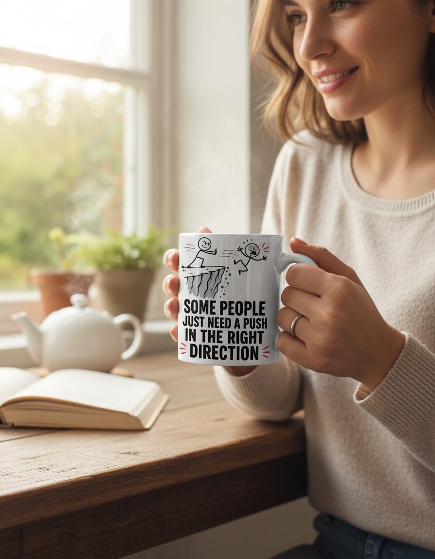 Some People Just Need a Push in the Right Direction Funny Sarcastic Humor White Mug - lifestyle model mockup - White
