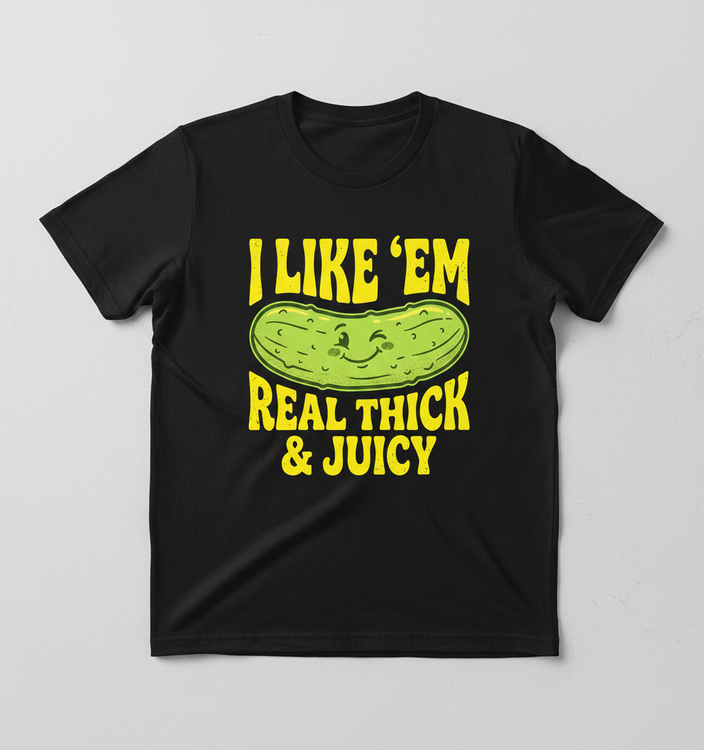 I Like 'Em Real Thick & Juicy Pickle Funny Food Pun T-Shirt - Black