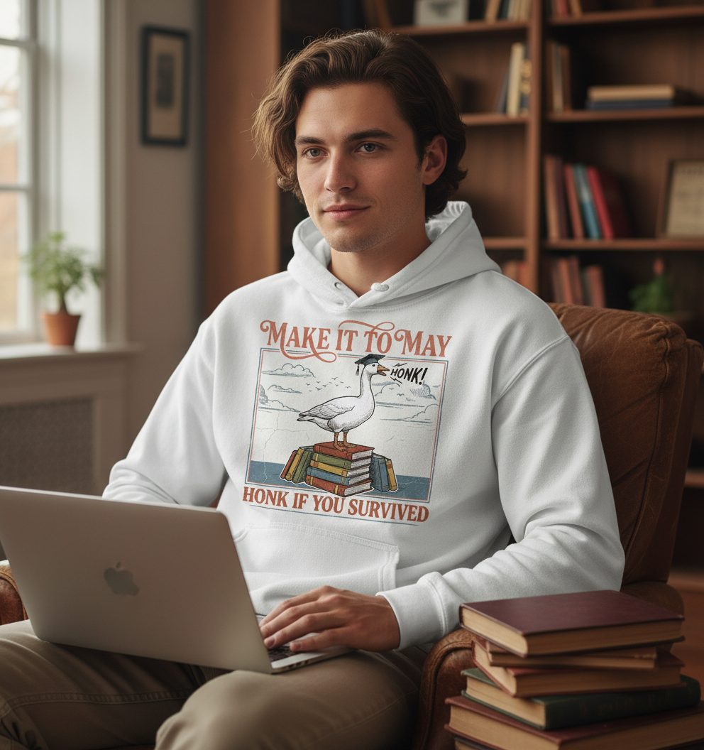 Make It to May Honk If You Survived Funny Student Goose Hoodie - lifestyle model mockup - White