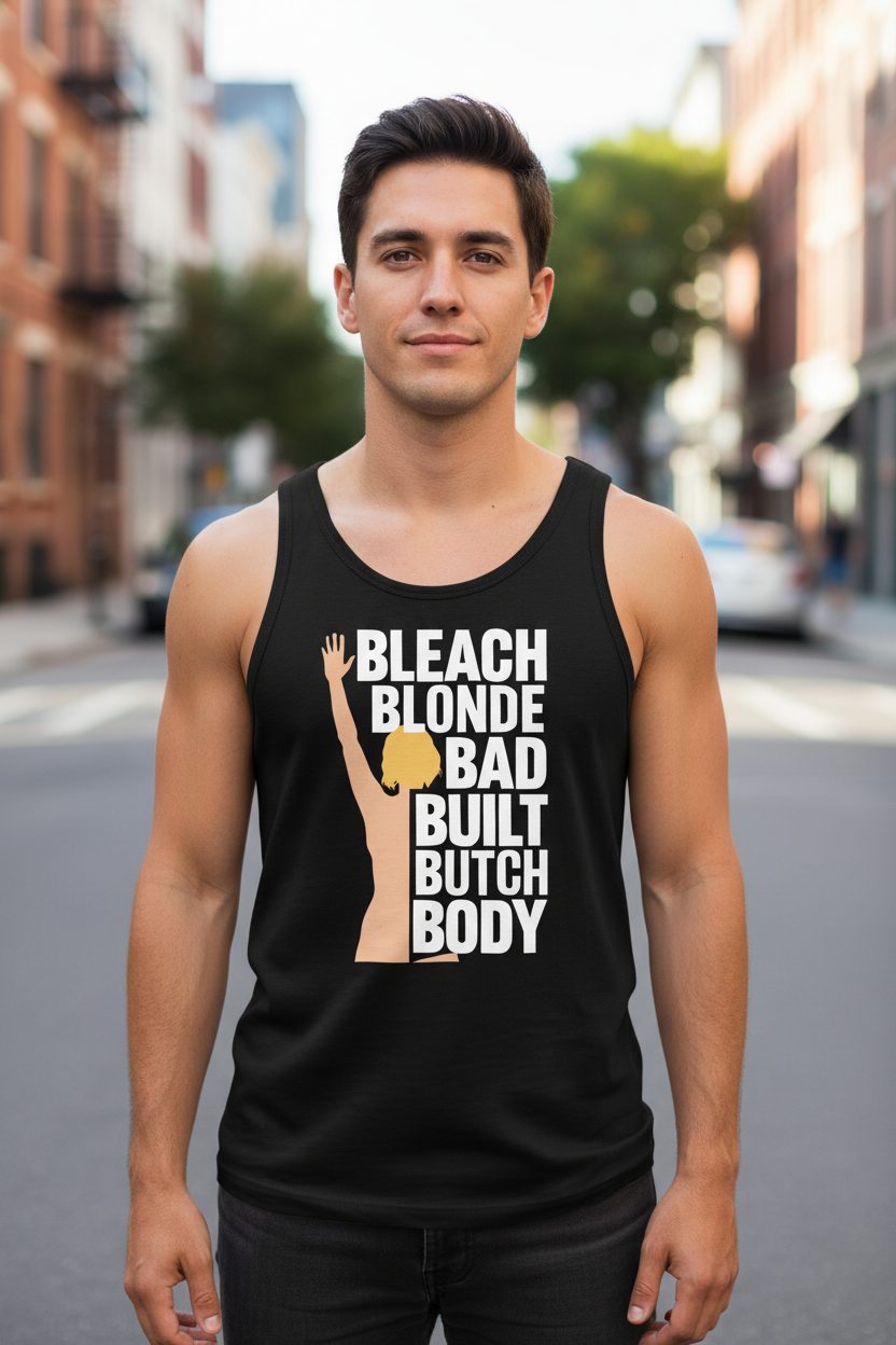 Bleach Blonde Bad Built Butch Body pop culture meme Tank Top Black lifestyle mockup