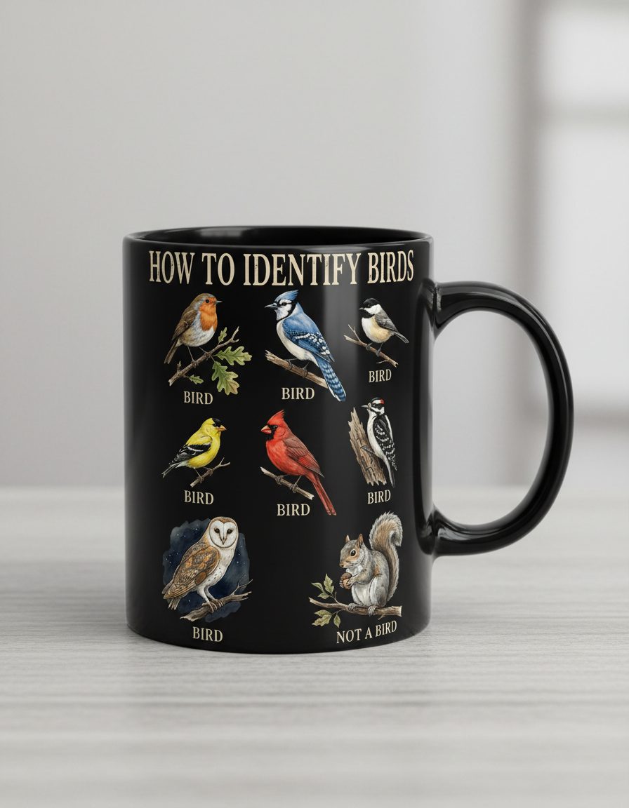 How to Identify Birds Funny Birdwatching Black Mug - product mockup - Black
