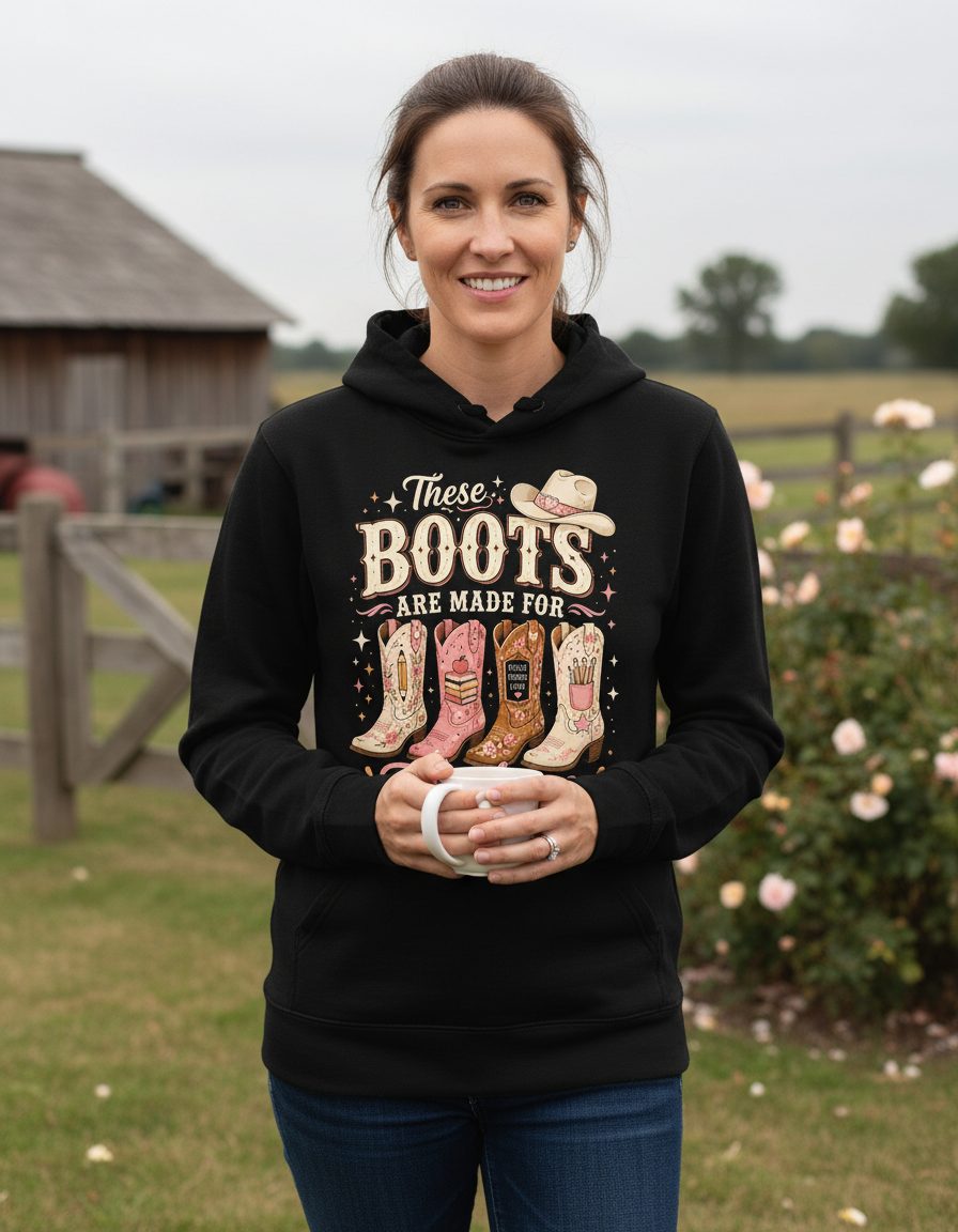 These Boots Are Made for Teaching Teacher Hoodie - lifestyle model mockup - Black