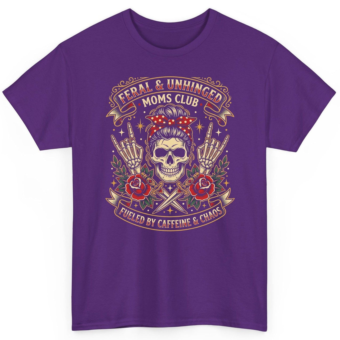 Feral & Unhinged Moms Club Fueled by Caffeine & Chaos T-Shirt - product mockup - Purple