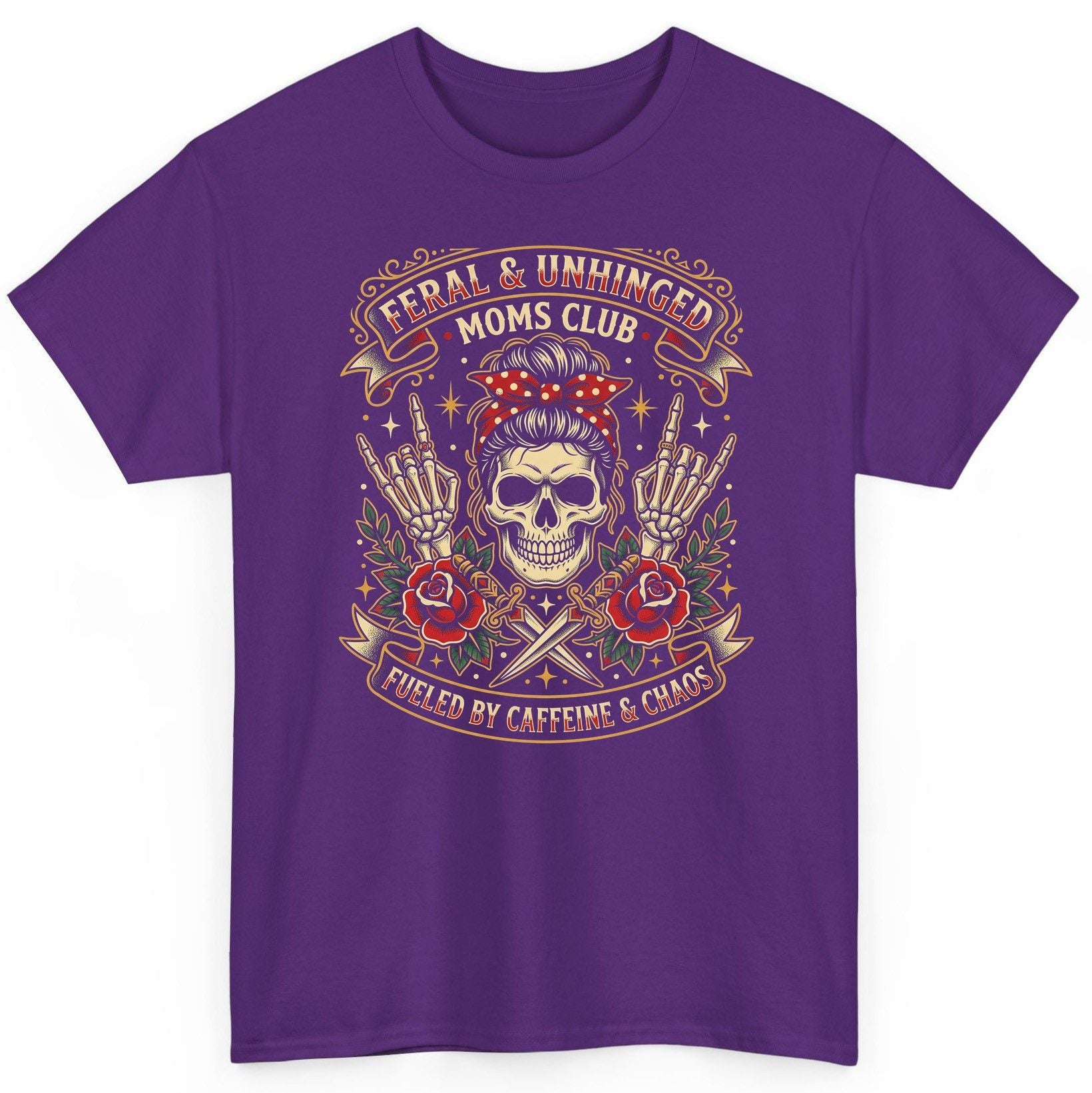 Feral & Unhinged Moms Club Fueled by Caffeine & Chaos T-Shirt - product mockup - Purple