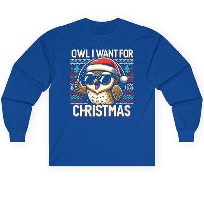Owl I Want for Christmas Christmas owl Long Sleeve Tee Royal product mockup