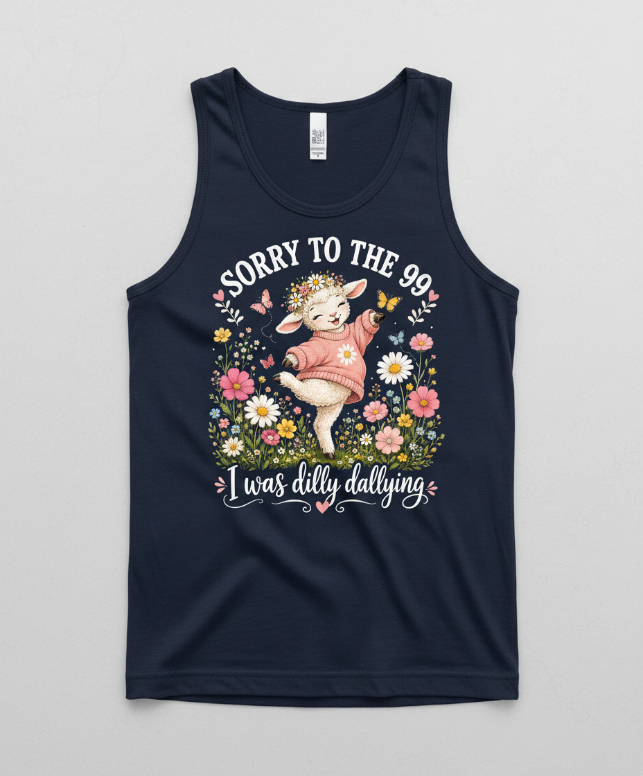 Cute Dilly Dallying Lamb "Sorry To The 99" Funny Design Tank Top - Navy