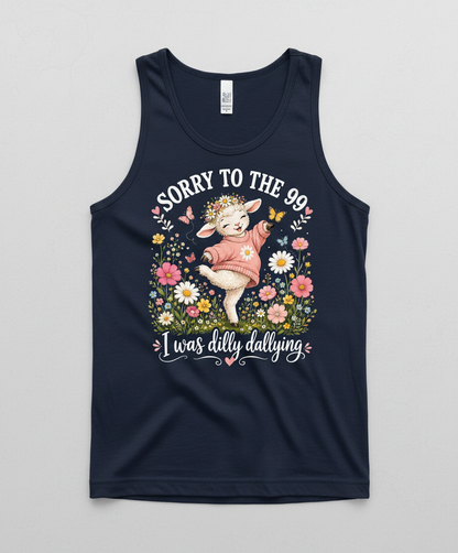 Cute Dilly Dallying Lamb "Sorry To The 99" Funny Design Tank Top - Navy