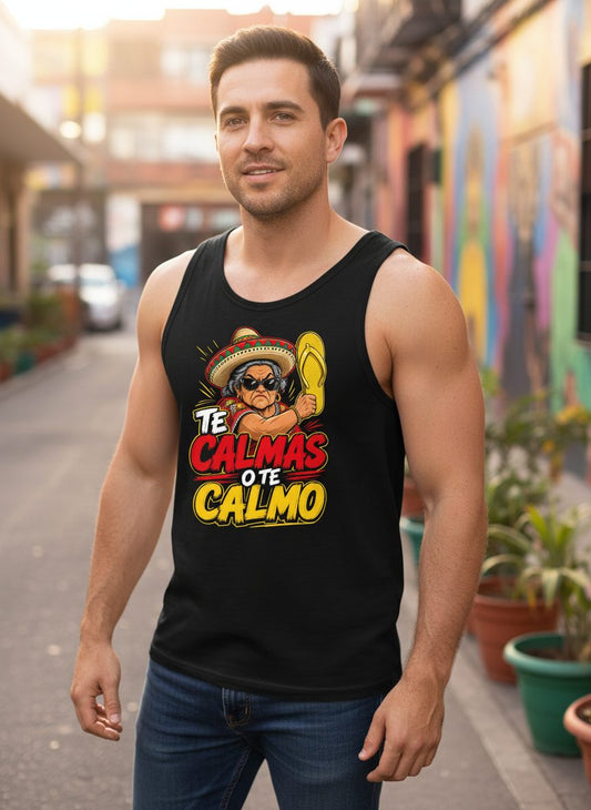 Te Calmas O Te Calmo Funny Mexican Grandma Tank Top - lifestyle model mockup - Black