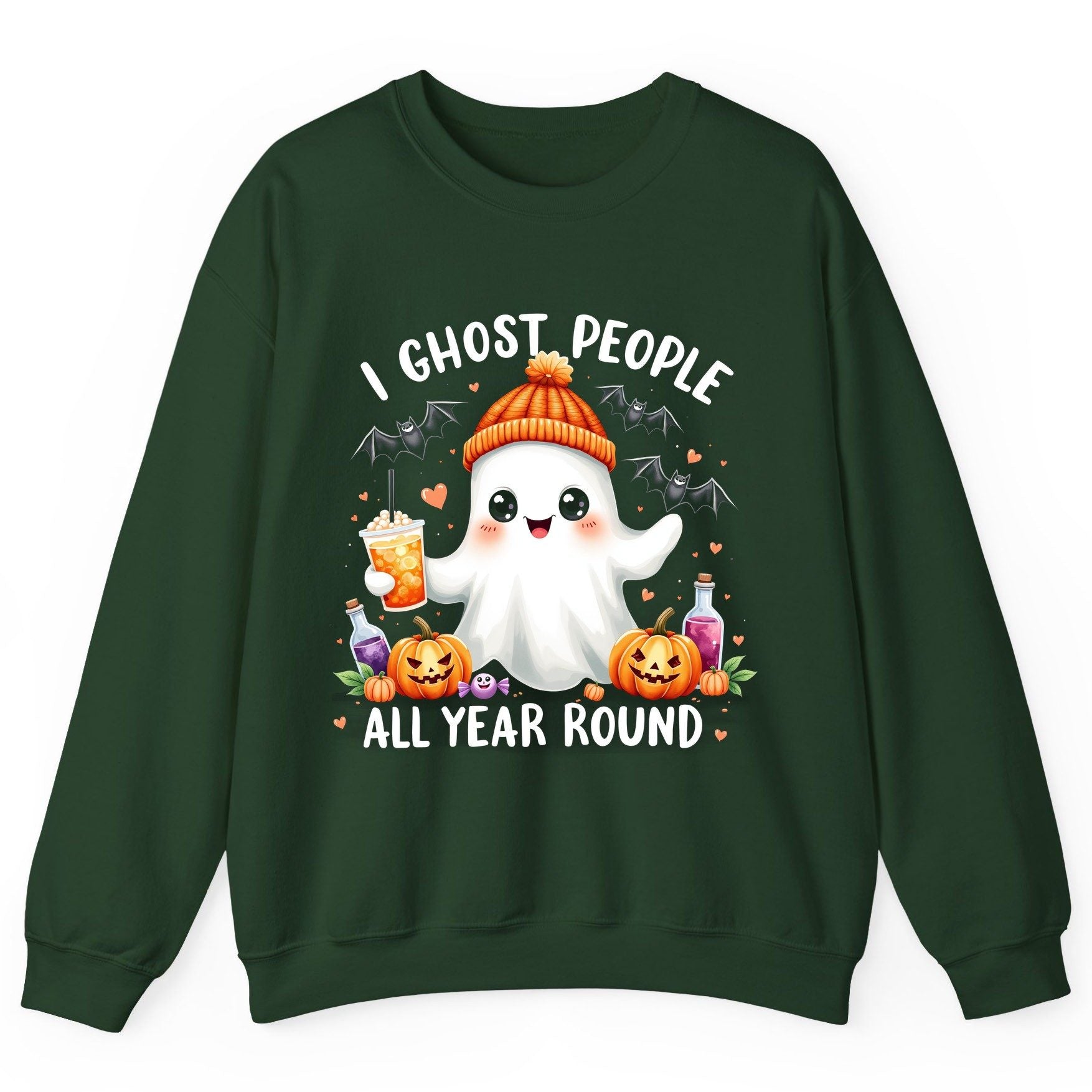 I Ghost People All Year Round cute ghost Sweatshirt Forest Green product mockup