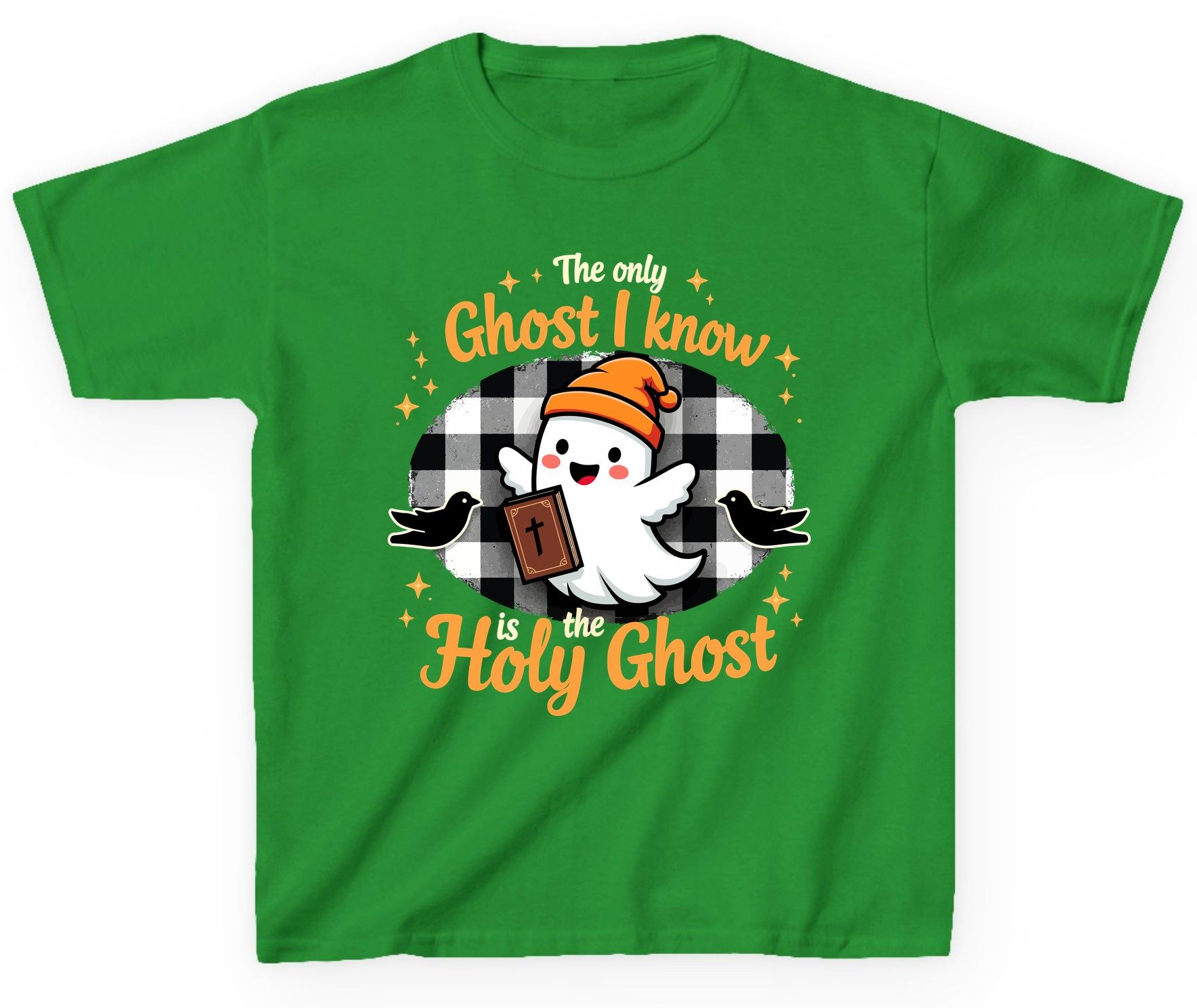 The Only Ghost I Know Is the Holy Ghost christian Halloween Youth T-Shirt Irish Green product mockup