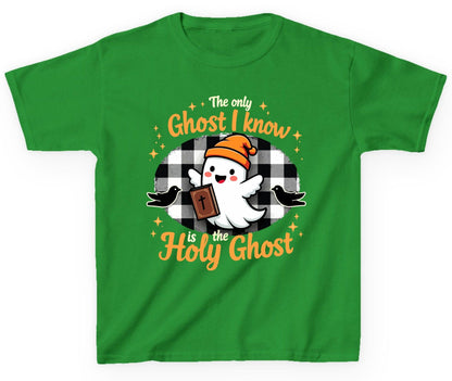 The Only Ghost I Know Is the Holy Ghost christian Halloween Youth T-Shirt Irish Green product mockup