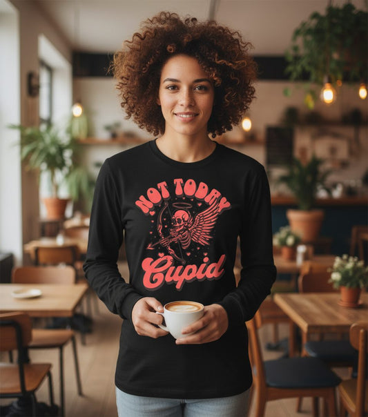 Not Today Cupid skeletal cupid Long Sleeve Tee Black lifestyle mockup