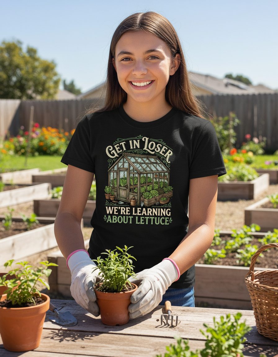 GET IN LOSER WE'RE Learning ABOUT Lettuce Youth T-Shirt - lifestyle model mockup - Black