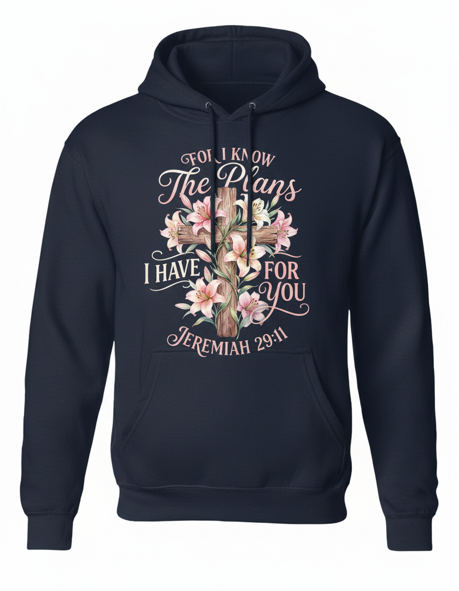 Jeremiah 29:11 For I Know The Plans I Have For You Cross and Lilies Hoodie - Navy