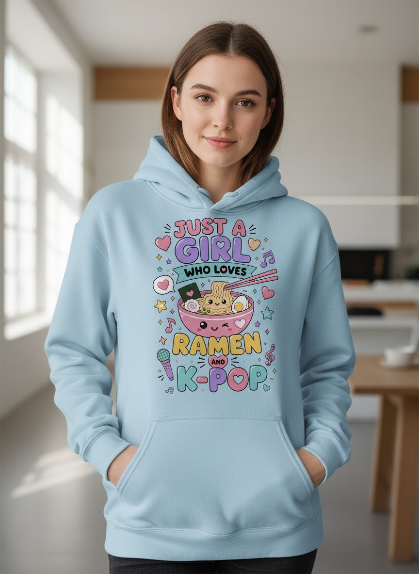 Just a Girl Who Loves Ramen and K-Pop Fans Hoodie - product mockup - Light Blue