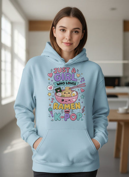 Just a Girl Who Loves Ramen and K-Pop Fans Hoodie - product mockup - Light Blue