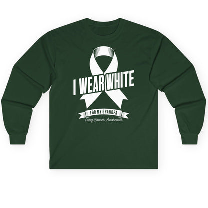 I Wear White for My Grandpa lung cancer awareness Long Sleeve Tee Forest Green product mockup