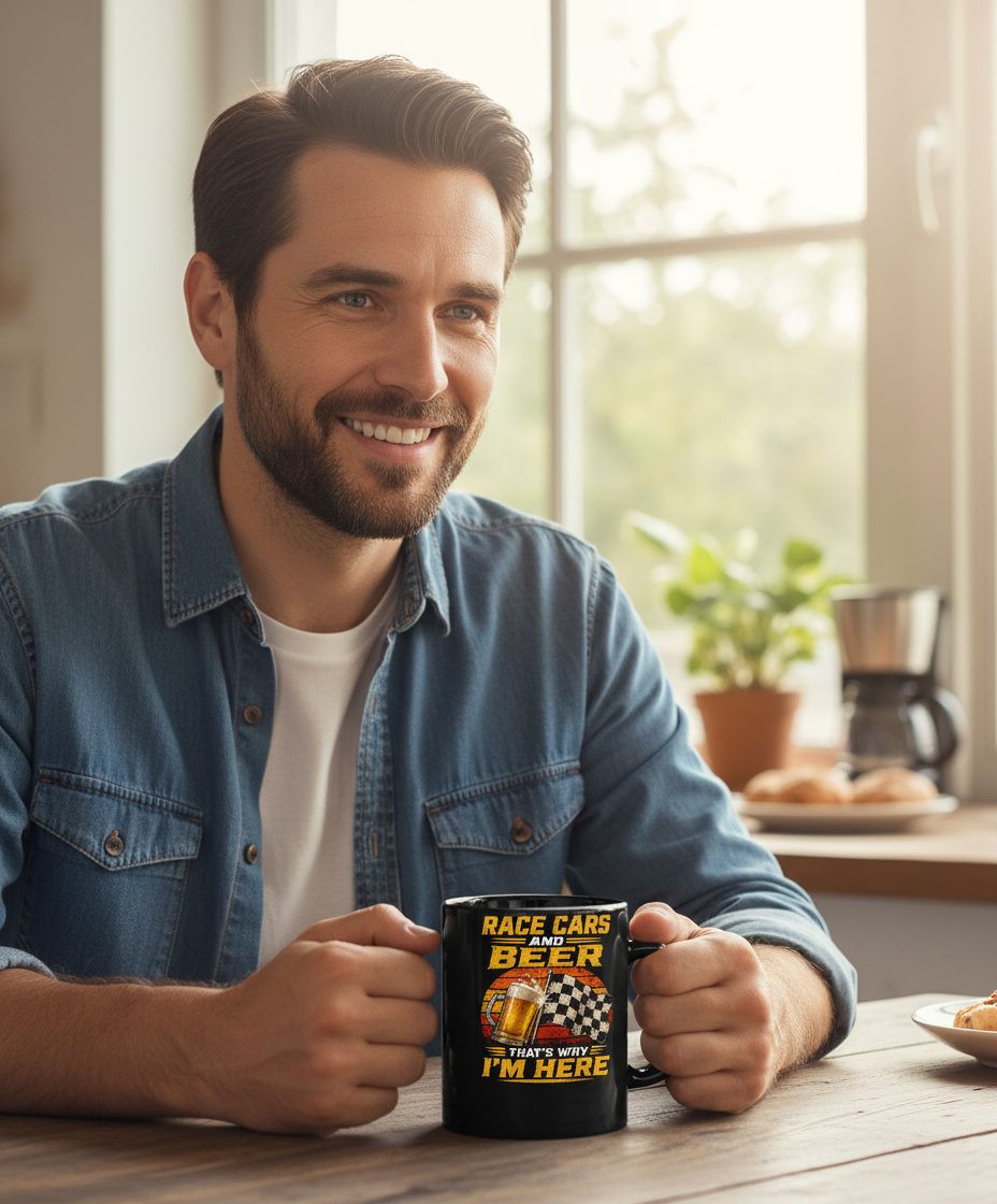 Race Cars and Beer That's Why I'm Here Funny Racing Black Mug - lifestyle model mockup - Black