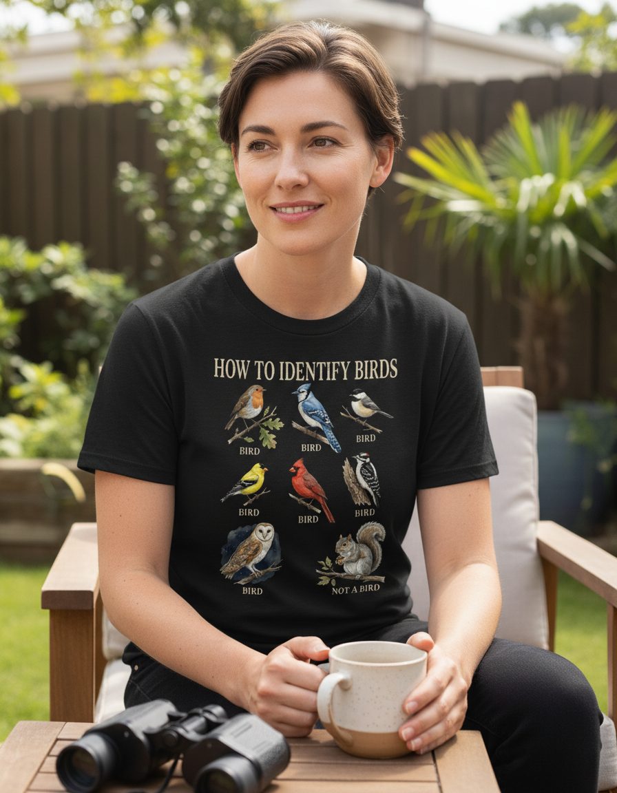 How to Identify Birds Funny Birdwatching T-Shirt - lifestyle model mockup - Black