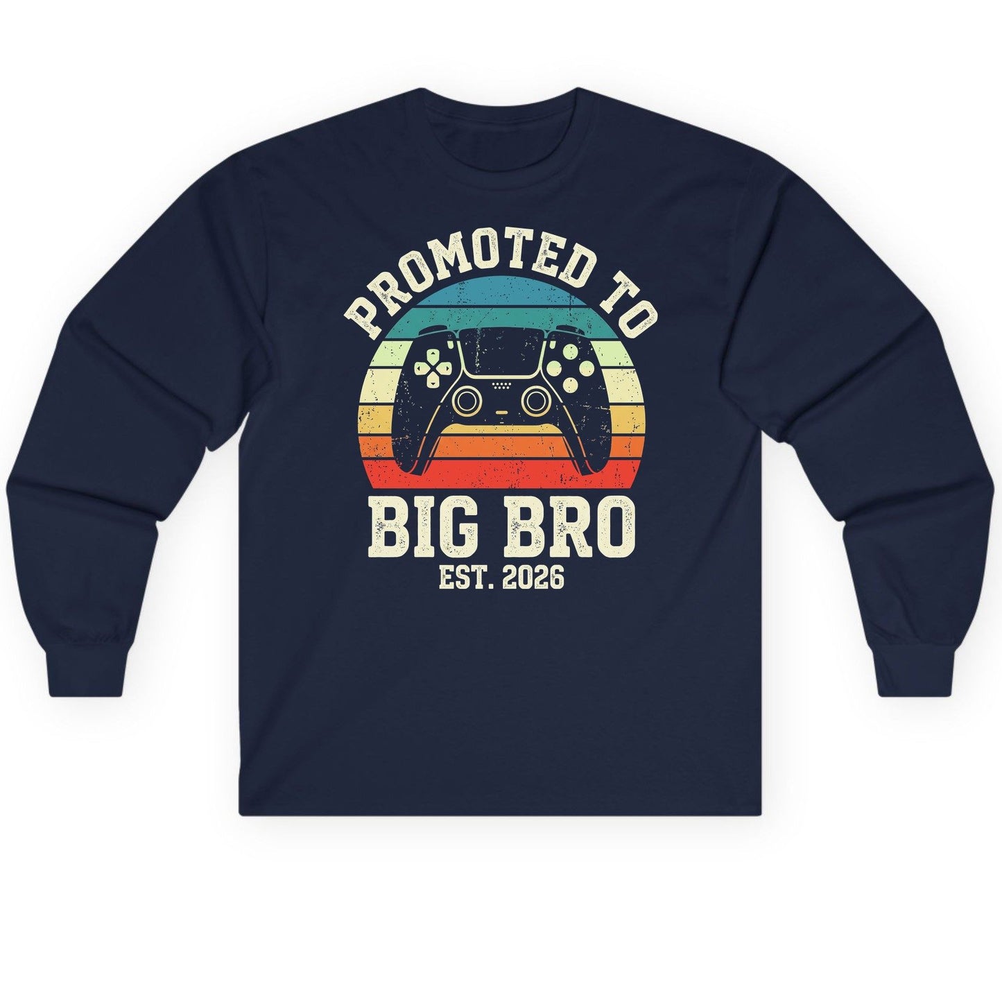 Promoted TO BIG BRO EST 2026 Retro Gaming Long Sleeve Tee - product mockup - Navy