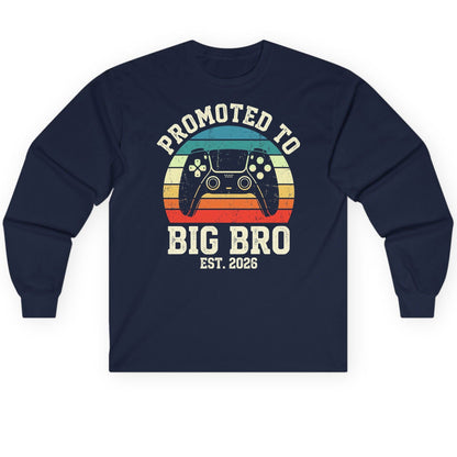 Promoted TO BIG BRO EST 2026 Retro Gaming Long Sleeve Tee - product mockup - Navy