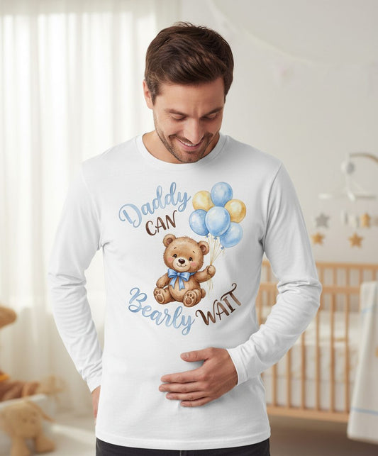 Daddy Can Bearly Wait Teddy Bear Long Sleeve Tee - lifestyle model mockup - White