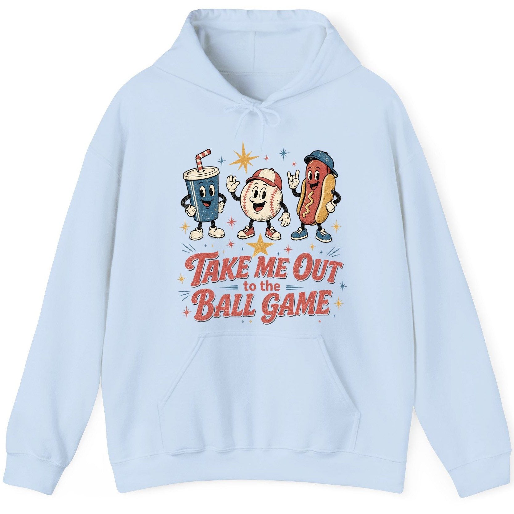 Take Me Out to the Ball Game Retro Baseball Hoodie - product mockup - Light Blue