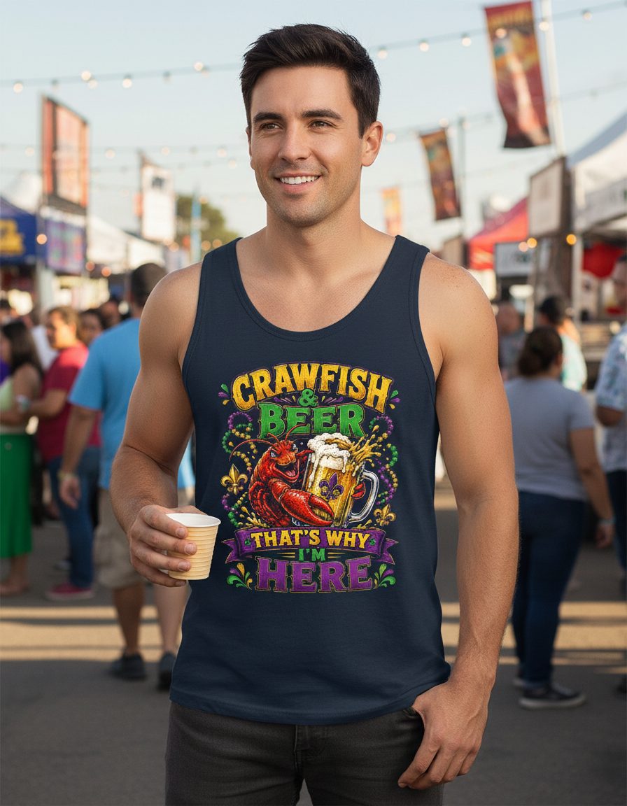 Crawfish & Beer That's Why I'm Here Funny Boil Tank Top - product mockup - Navy