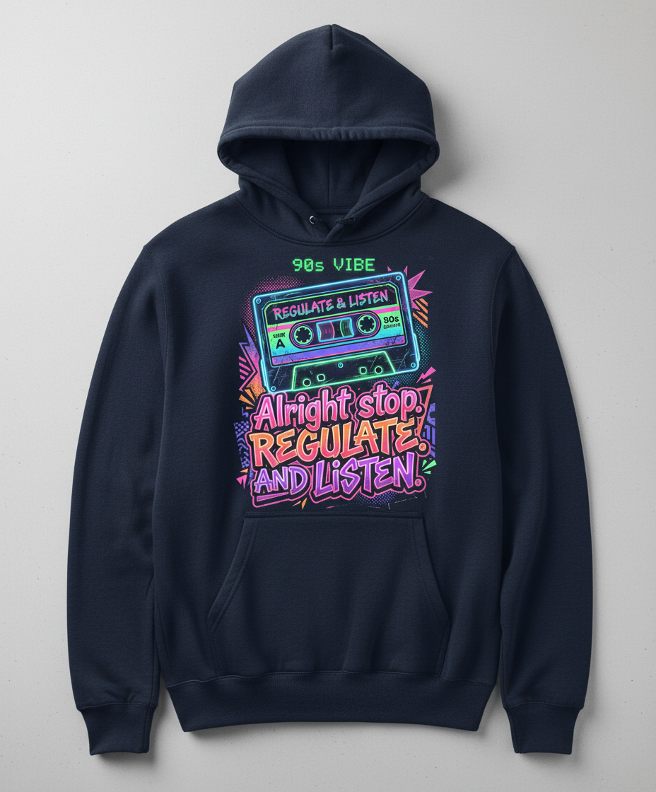 90s Vibe Cassette Tape Regulate and Listen Retro Design Hoodie - Navy