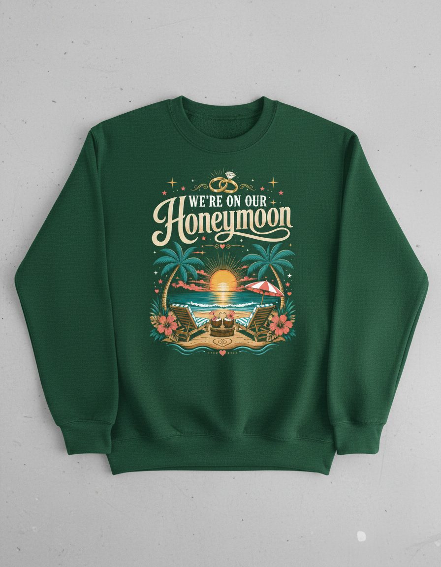 We're on Our Honeymoon Retro Newlyweds Sweatshirt - product mockup - Forest Green