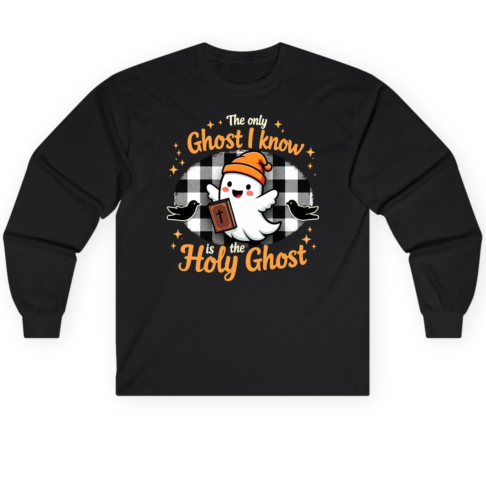 The Only Ghost I Know Is the Holy Ghost christian Halloween Long Sleeve Tee Black product mockup