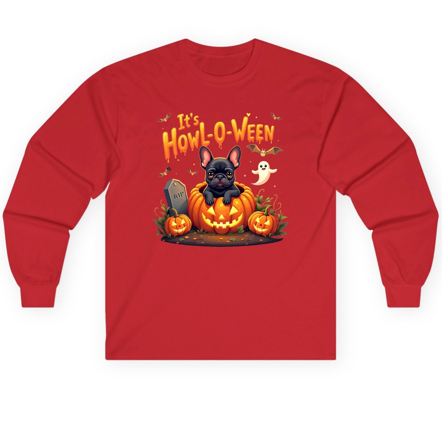 It's Howl-O-Ween french bulldog Long Sleeve Tee Red product mockup