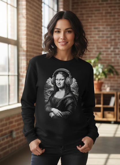 Disgusted Mona Lisa Headphones Funny Art Parody Sweatshirt - lifestyle model mockup - Black