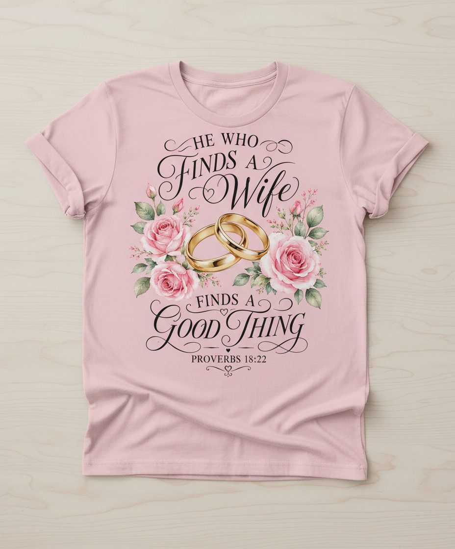He Who Finds a Wife Finds a Good Thing Proverbs 18 22 T-Shirt - product mockup - Light Pink