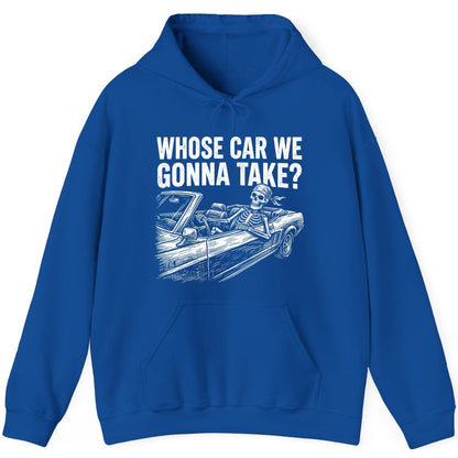 Whose Car We Gonna Take? skeletons in a car Hoodie Royal product mockup
