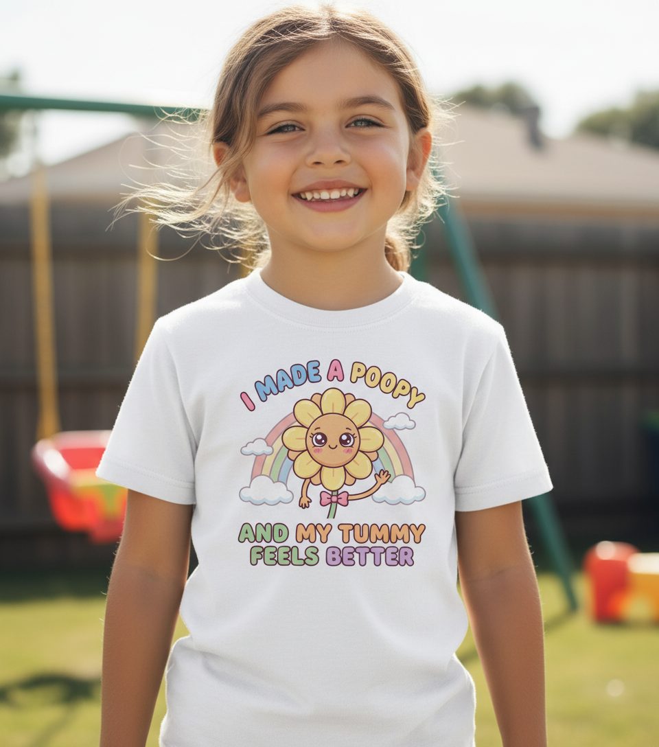 I Made a Poopy and My Tummy Feels Better potty training humor Youth T-Shirt White lifestyle mockup