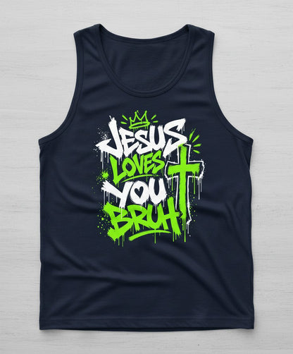 Jesus Loves You Bruh Christian Tank Top - product mockup - Navy