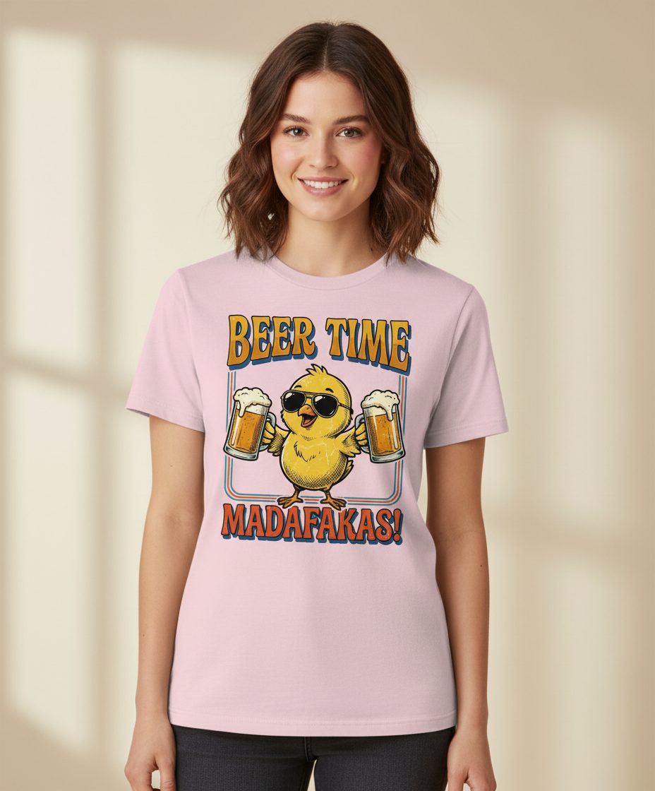 Funny Chick drinking beer Chick T-Shirt - product mockup - Light Pink