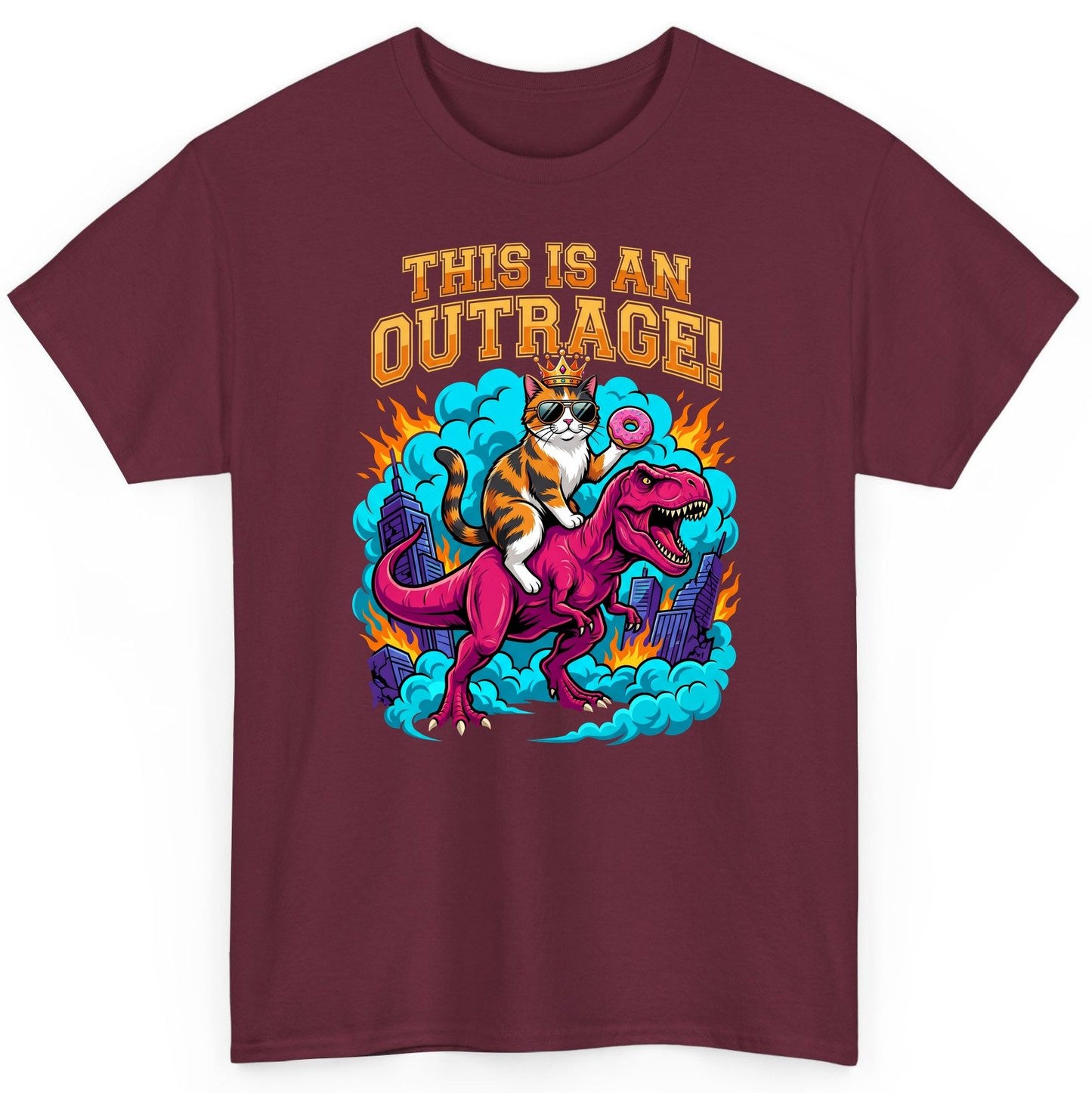 THIS IS AN OUTRAGE! Cat riding a T-Rex T-Shirt Maroon product mockup