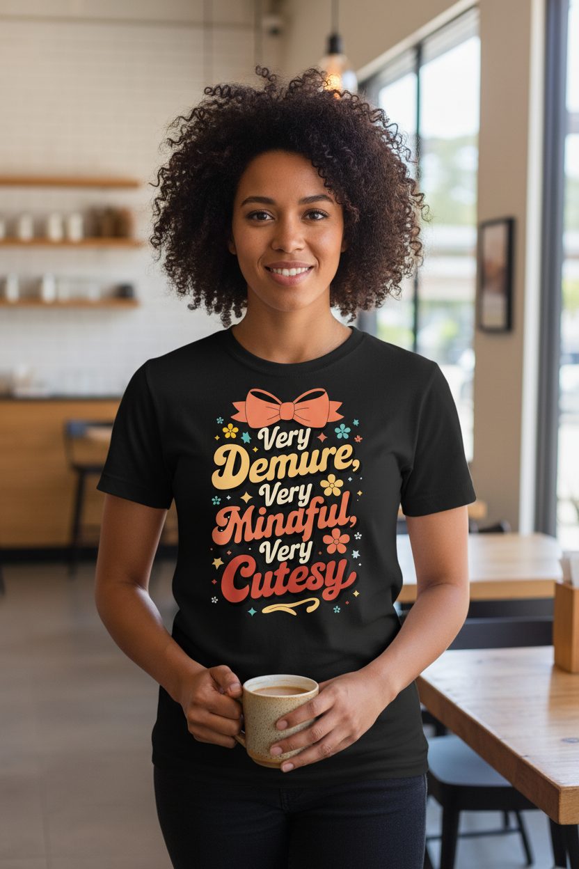 Very Demure, Very Mindful, Very Cutesy positive affirmations T-Shirt Black lifestyle mockup