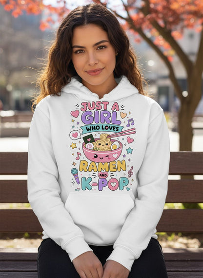 Just a Girl Who Loves Ramen and K-Pop Fans Hoodie - lifestyle model mockup - White
