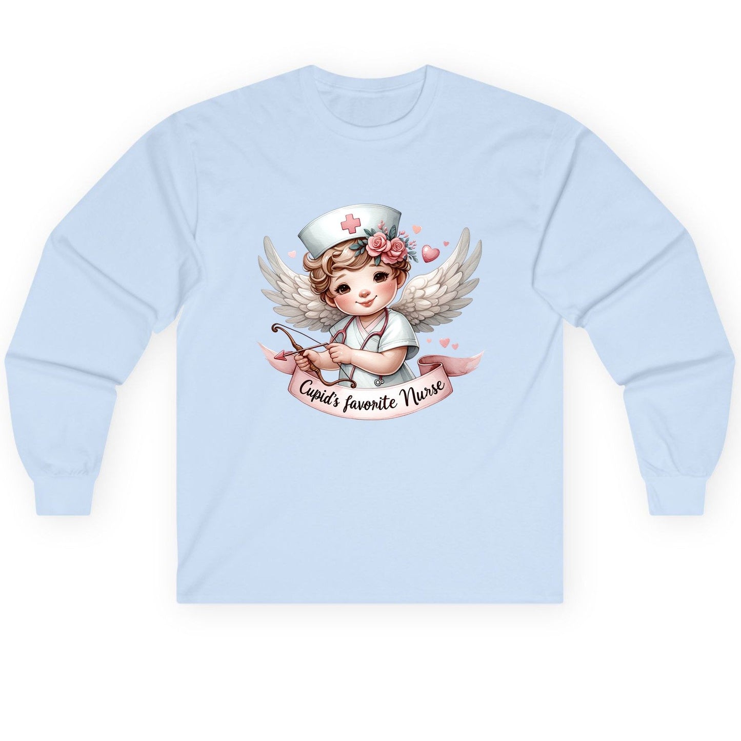Cupid's Favorite Nurse cupid nurse Long Sleeve Tee Light Blue product mockup